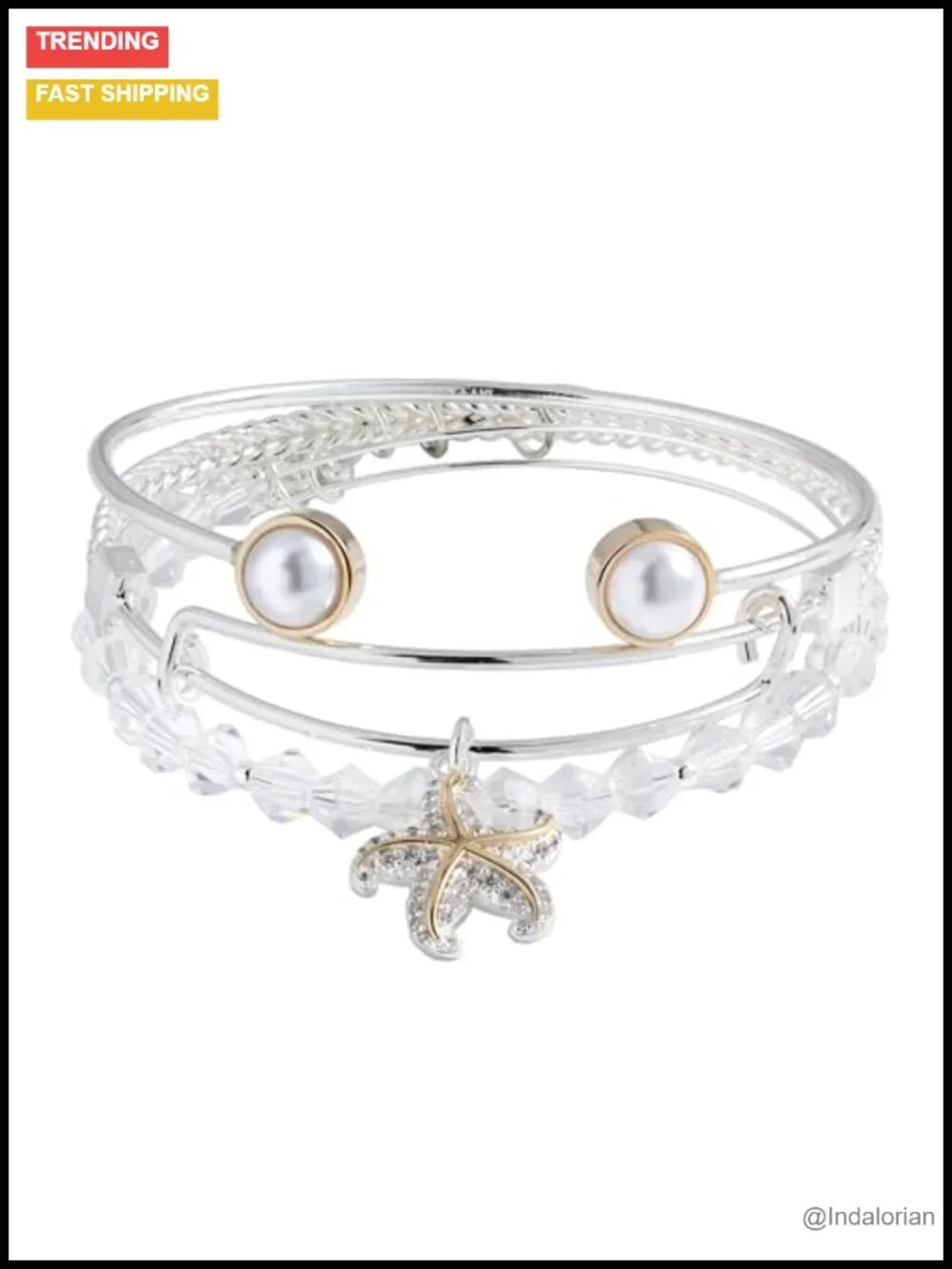 Gold Silver Toned Bangle Set Starfish Charm Pearl Flex Cuff Bracelets